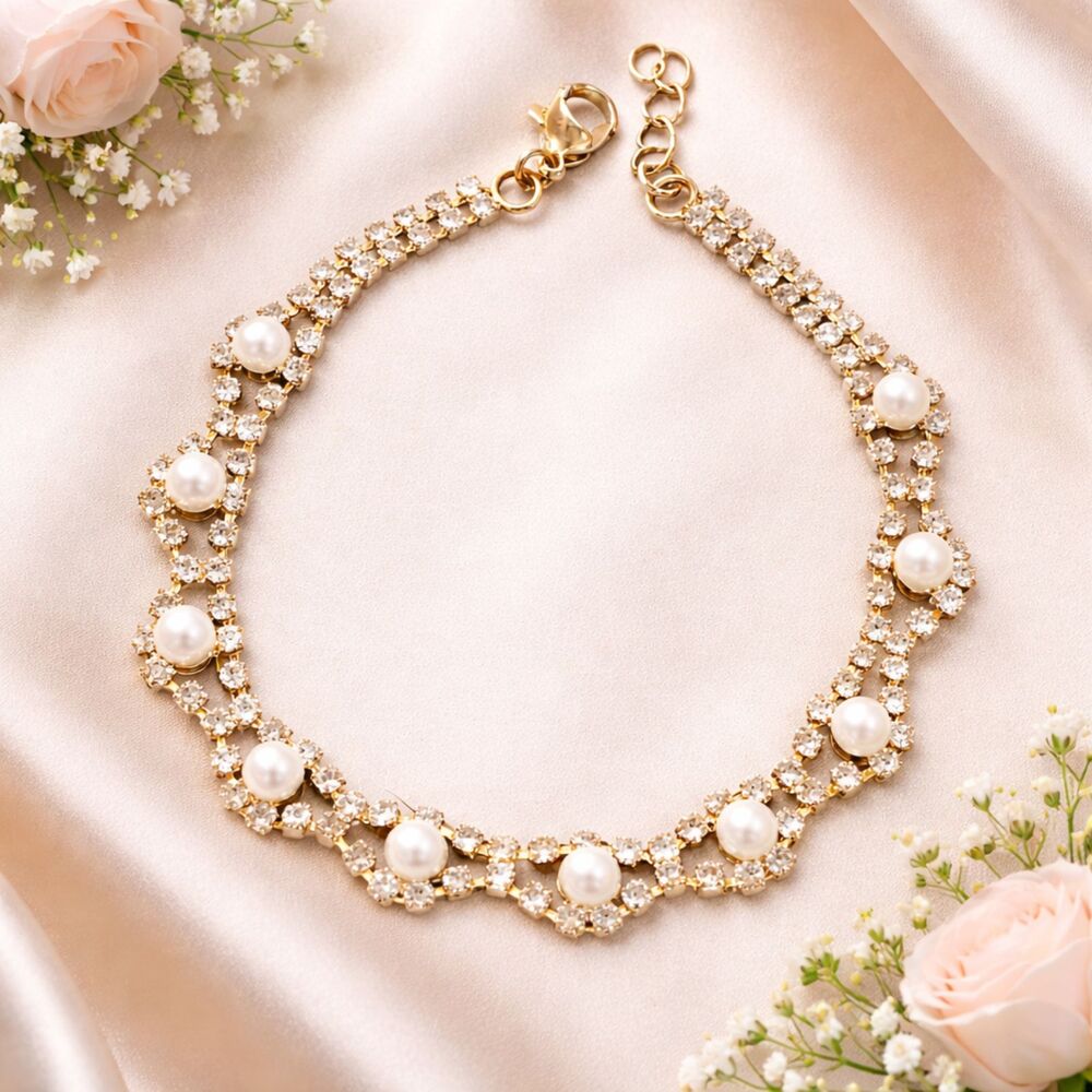 Delicate Gold Tone Rhinestone and Faux Pearl Bracelet